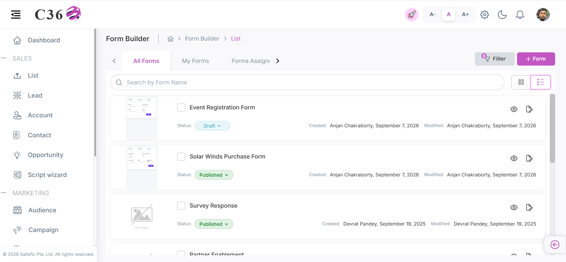 List View of Form Builder